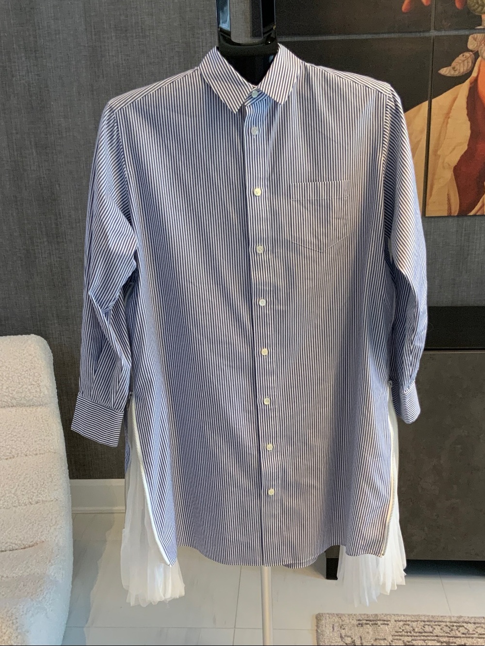 Sacai Blue and White Pinstripe Button-Down Dress Shirt 1